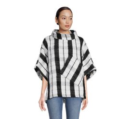 Cecil Black And White Plaid Funnel Neck Poncho With Pocket