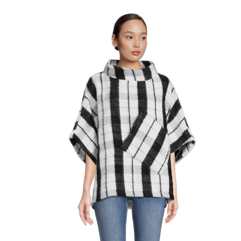 Cecil Black And White Plaid Funnel Neck Poncho With Pocket image number 1