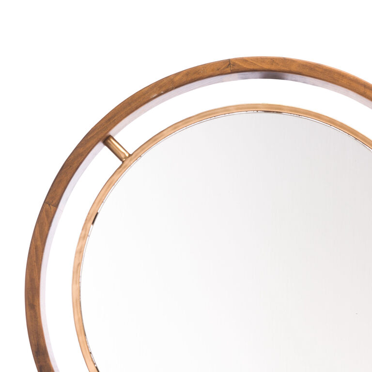 Round Pine Wood and Gold Metal Wall Mirror image number 4