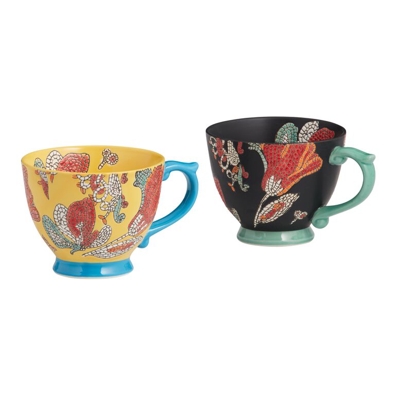 Multicolor Floral Mosaic Hand Painted Ceramic Mug Set Of 2 image number 1
