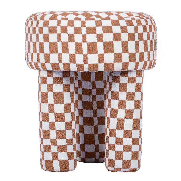 Cherbury Round Brown Checkered Boucle Upholstered Stool image number 1