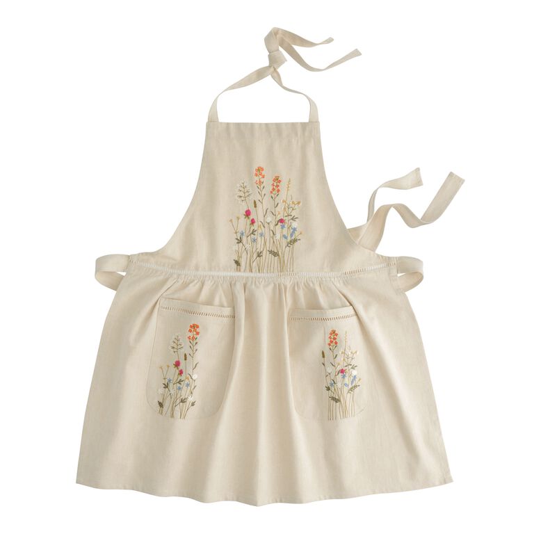 Natural Embroidered Floral Apron with Lace Trim image number 1