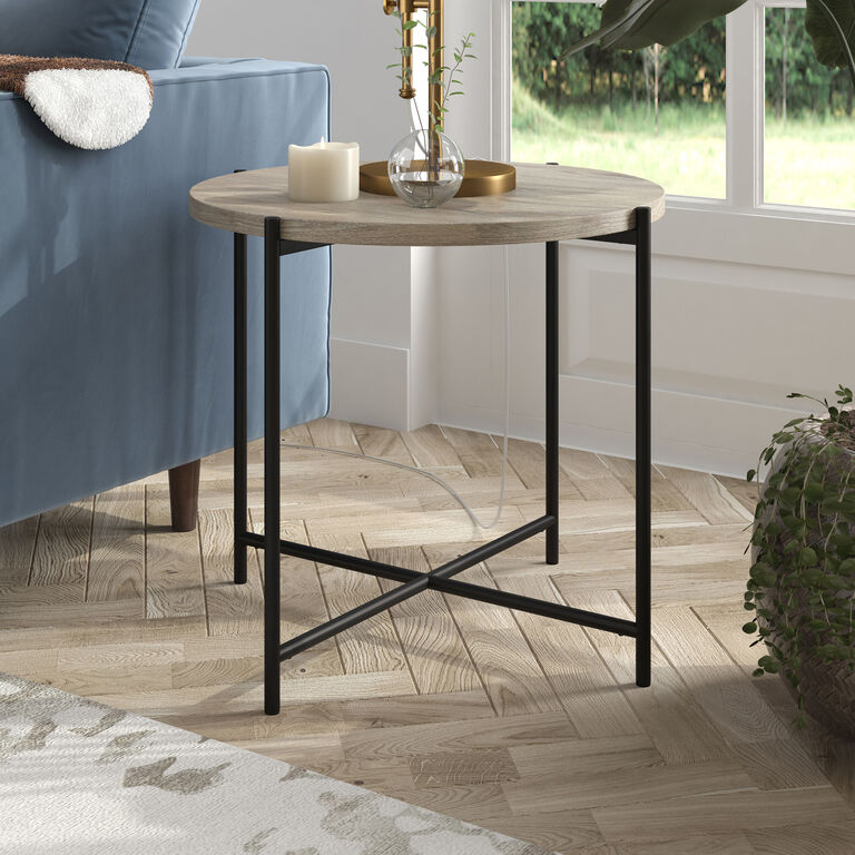 Avery Round Blackened Bronze And Faux Oak Wood Side Table image number 2