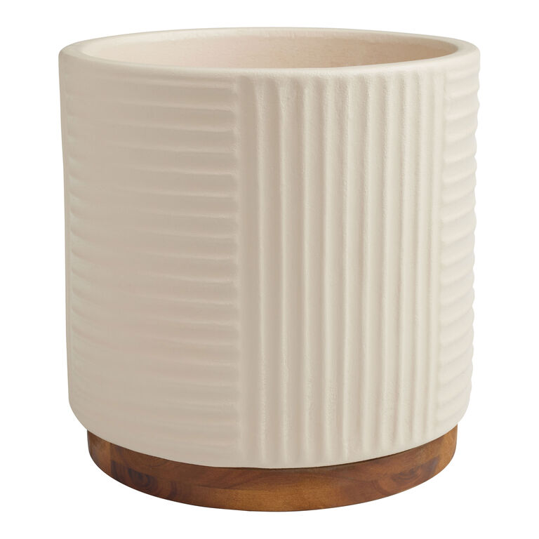 Ivory Ceramic Ribbed Planter with Wood Base image number 1