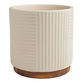 Ivory Ceramic Ribbed Planter with Wood Base image number 0