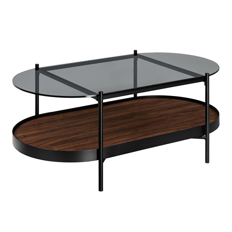 Milano Oval Glass Top and Steel Coffee Table with Wood Shelf image number 1