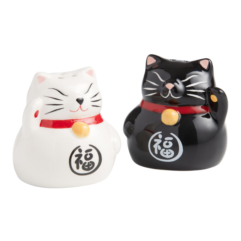Black and White Ceramic Lucky Cat Salt and Pepper Shaker Set image number 1