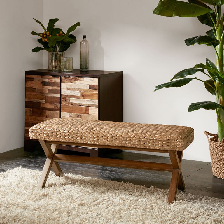 Woven Seagrass and Brown Wood Bench image number 2