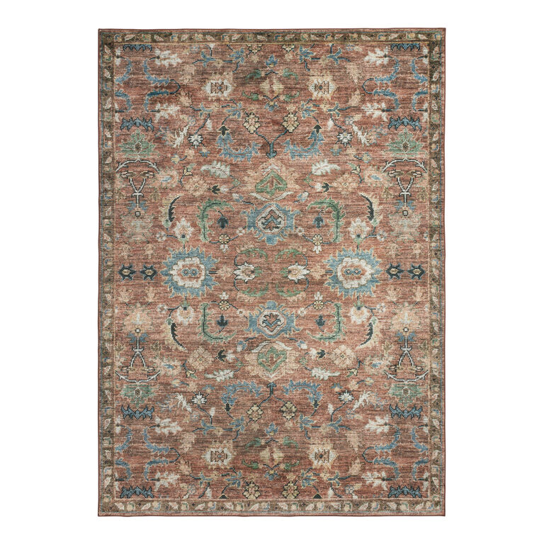 Ezra Terracotta and Blue Persian Style Washable Area Rug image number 1