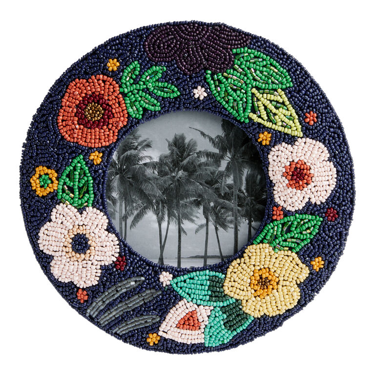 Round Navy Multicolor Floral Handmade Beaded Frame image number 1