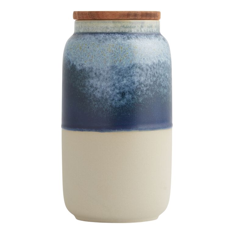 Tall Reactive Glaze Ceramic and Wood Storage Canister image number 1