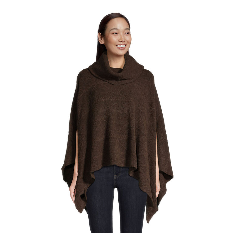 Brown Recycled Yarn Cable Knit Funnel Neck Sweater Poncho image number 1