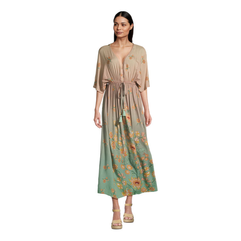 Mira Blush And Green Ombre Watercolor Floral Kaftan Dress image number 1