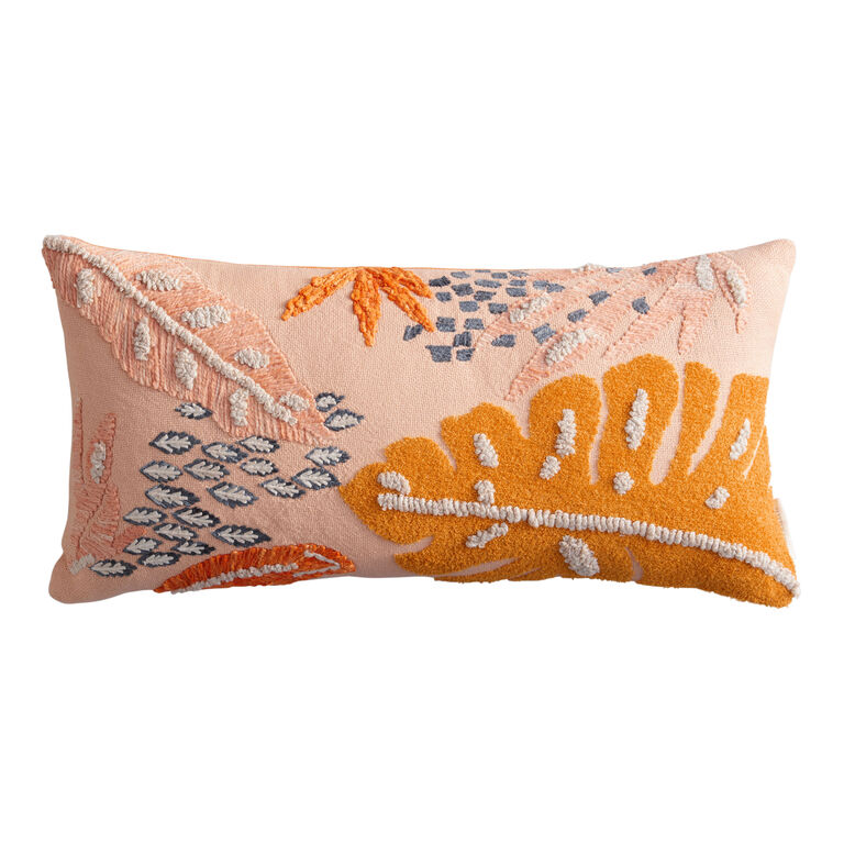 Coral And Blue Tropical Palms Indoor Outdoor Lumbar Pillow image number 1