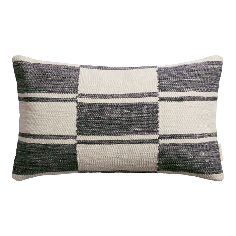 Black And Ivory Stripe Check Indoor Outdoor Lumbar Pillow image number 1