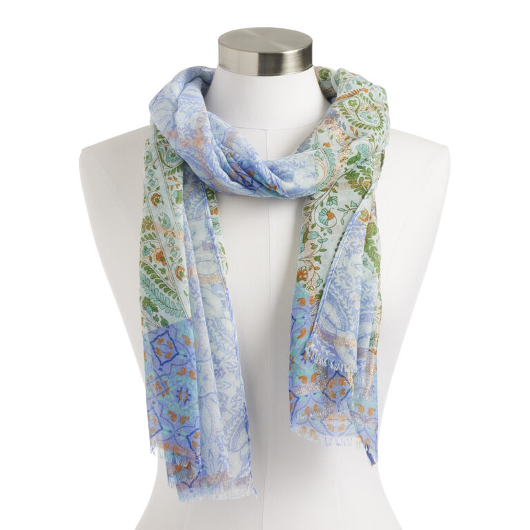 Blue And Green Recycled Yarn Paisley Scarf image number 1