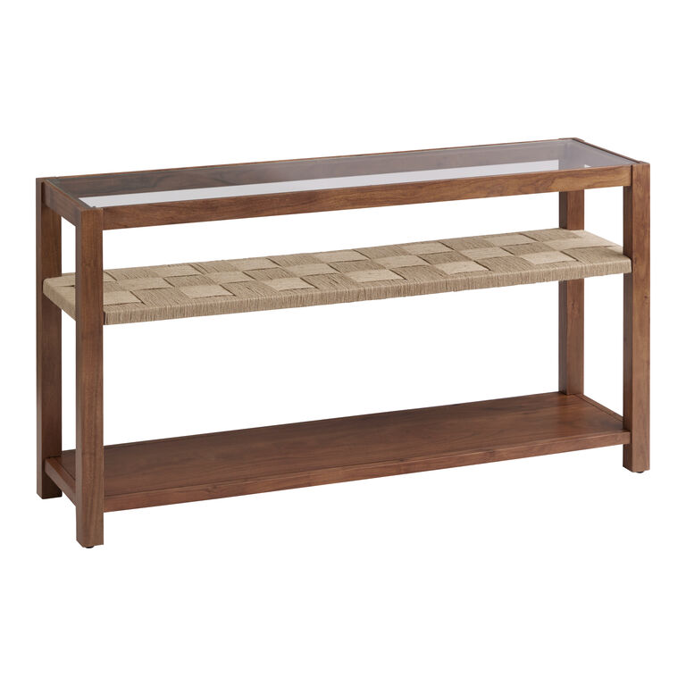 Lincoln Wood and Jute Glass Top Console Table with Shelves image number 1