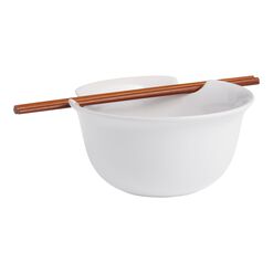 White Ceramic Noodle Bowl and Bamboo Chopsticks Set