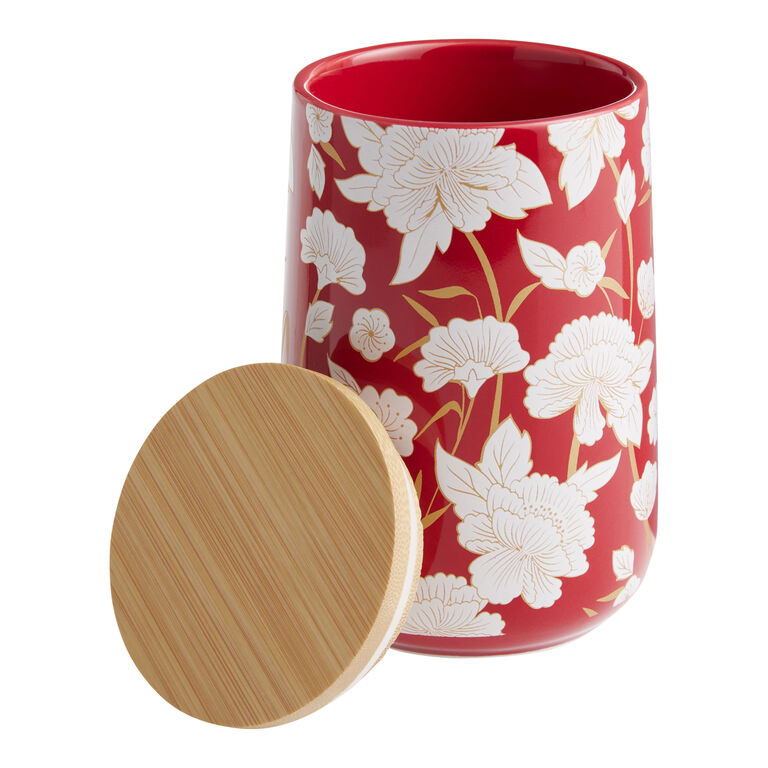 Red and White Ceramic and Bamboo Floral Tea Canister image number 3