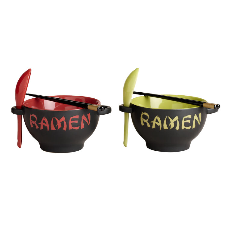 Red and Green Ramen Bowls With Utensils Set of 2 image number 1