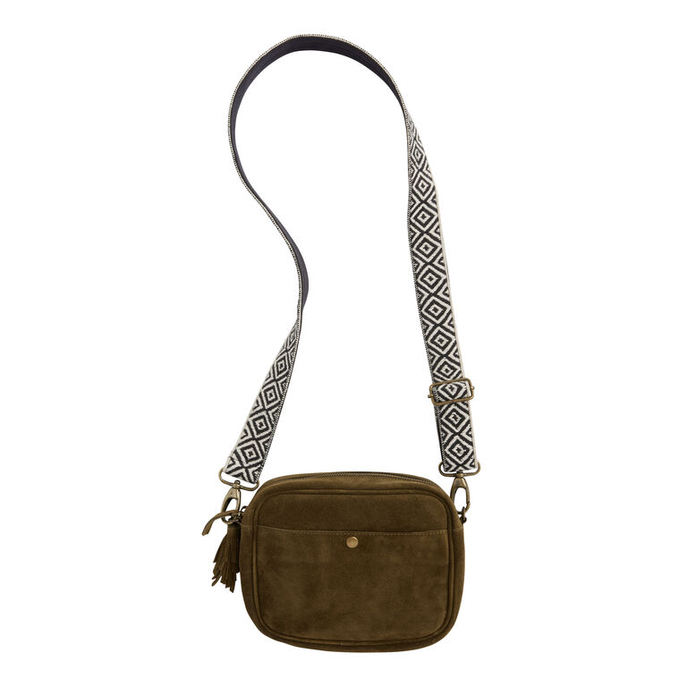 Olive Green Suede Crossbody Bag With Interchangeable Strap image number 1