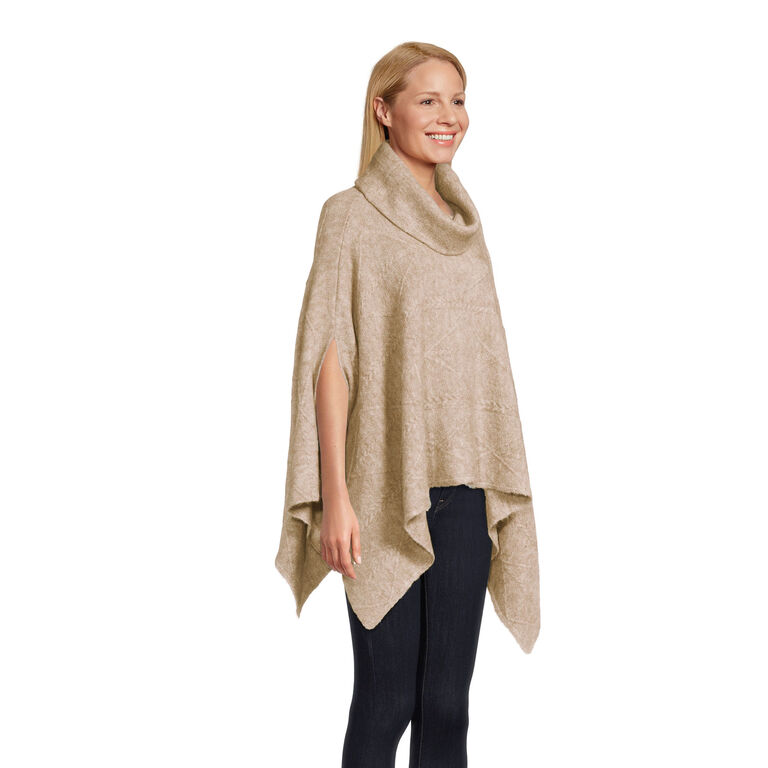 Marled Beige Recycled Yarn Cable Knit Turtleneck Poncho image number 1