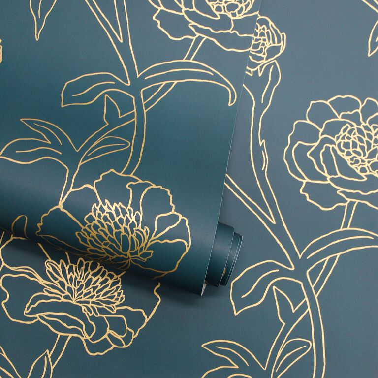 Dark Blue And Gold Peonies Peel And Stick Wallpaper image number 2