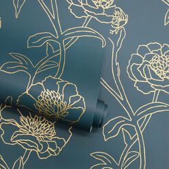 Dark Blue And Gold Peonies Peel And Stick Wallpaper