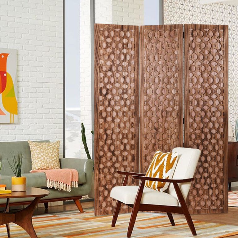 Brown Carved Wood Geo 3 Panel Folding Screen image number 2