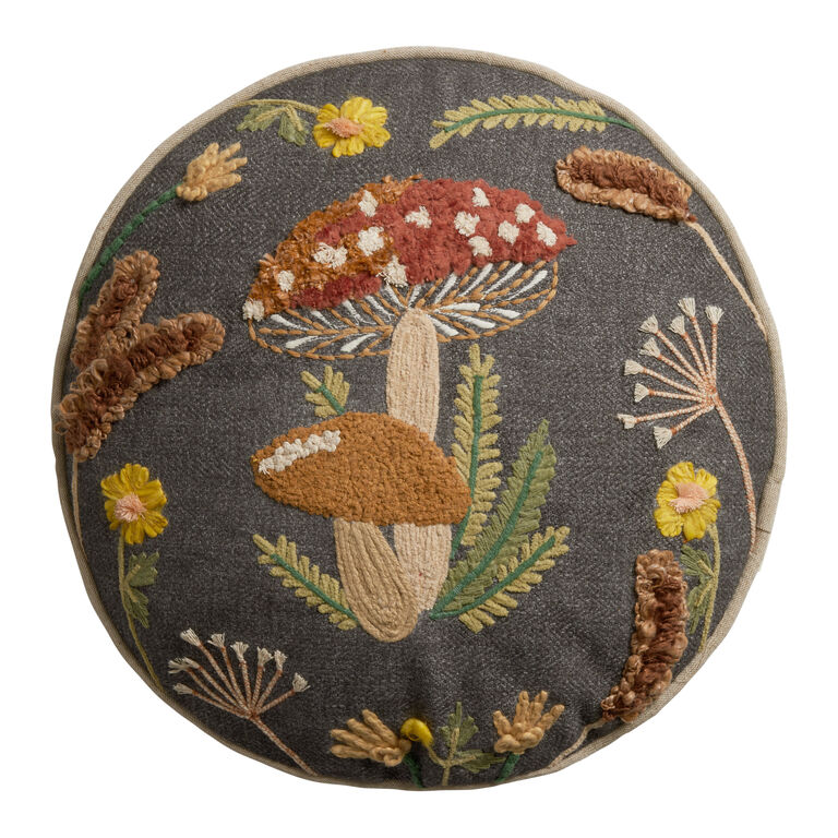 Round Charcoal Embroidered Mushroom Throw Pillow image number 1