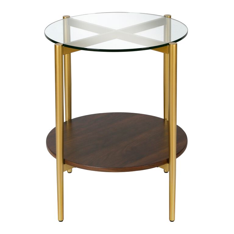 Mae Round Gold Metal and Walnut Glass Top Side Table image number 2