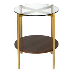 Mae Round Gold Metal and Walnut Glass Top Side Table