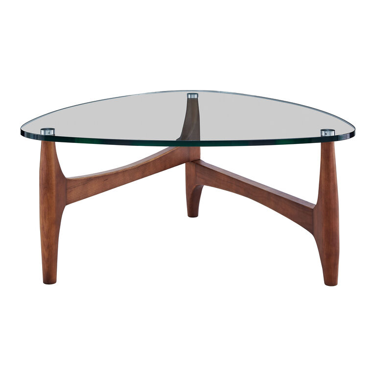 Kayla Triangular Walnut Wood and Glass Top Coffee Table image number 1