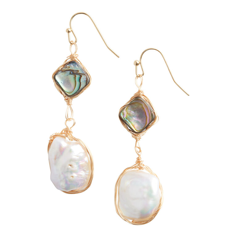 Gold Abalone Shell And Freshwater Pearl Drop Earrings image number 1