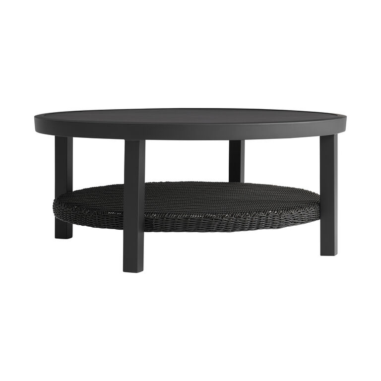 Rhodes Round Black Metal Outdoor Coffee Table with Shelf image number 1
