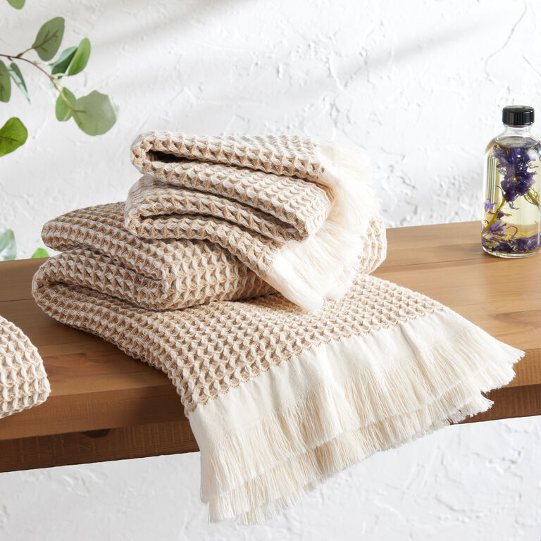 Sand and Ivory Waffle Weave Cotton Bath Towel image number 2