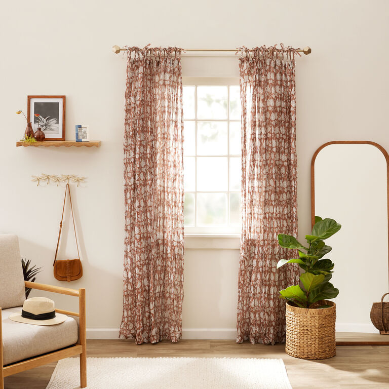 Rust Floral Cotton Crinkle Voile Tie Top Curtain Set of 2 image number 2
