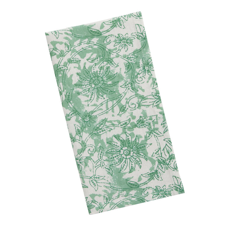 Green And White Screen Print Floral Napkin Set of 4 image number 1