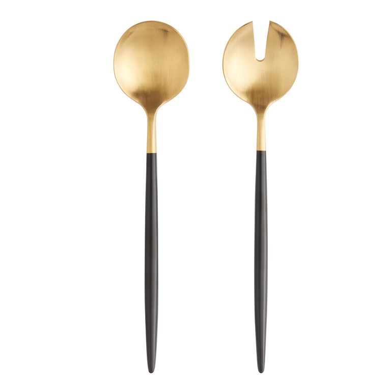 Shay Black and Gold Serving Spoon and Fork Set image number 1