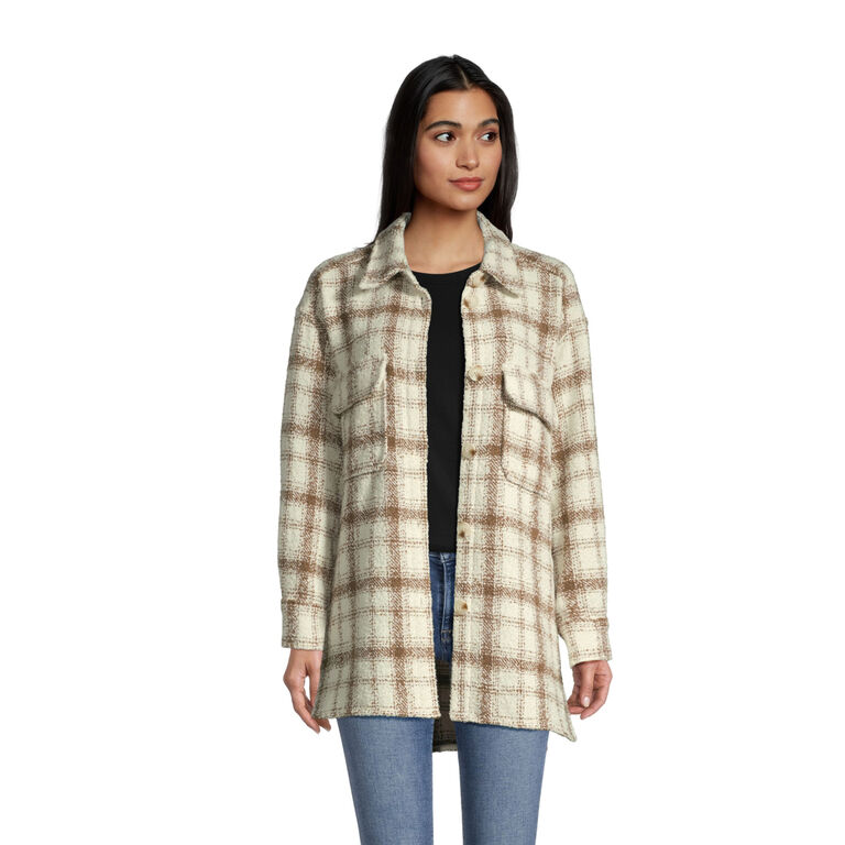 Ivory And Brown Plaid Boucle Shacket With Pockets image number 1