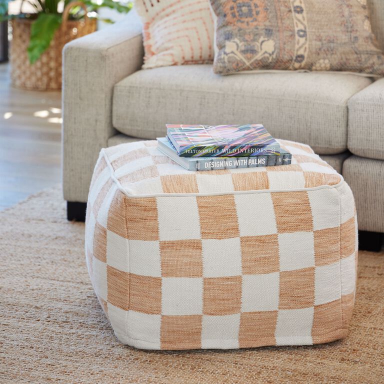 Square Ivory And Rust Checkered Pouf image number 2