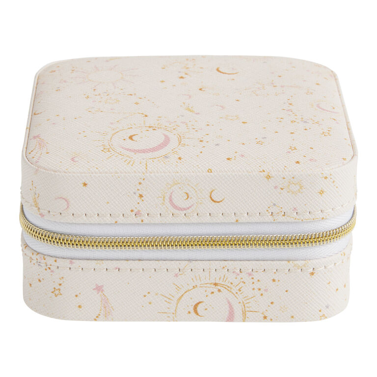 Ivory And Gold Faux Leather Celestial Travel Jewelry Box image number 2