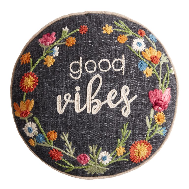 Round Dark Indigo Embroidered Good Vibes Throw Pillow image number 1