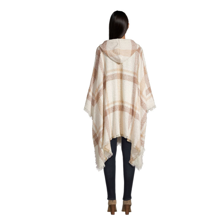 Ivory And Brown Plaid Hooded Wrap With Pockets image number 2