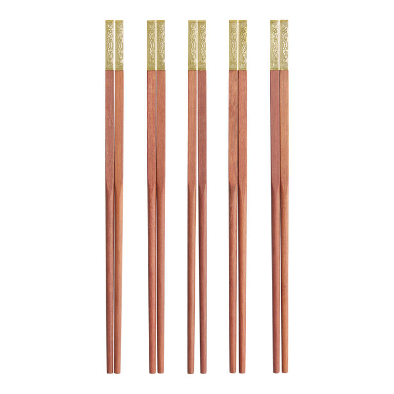 Dragon Wood And Gold Metal Chopsticks 5 Pack image number 1