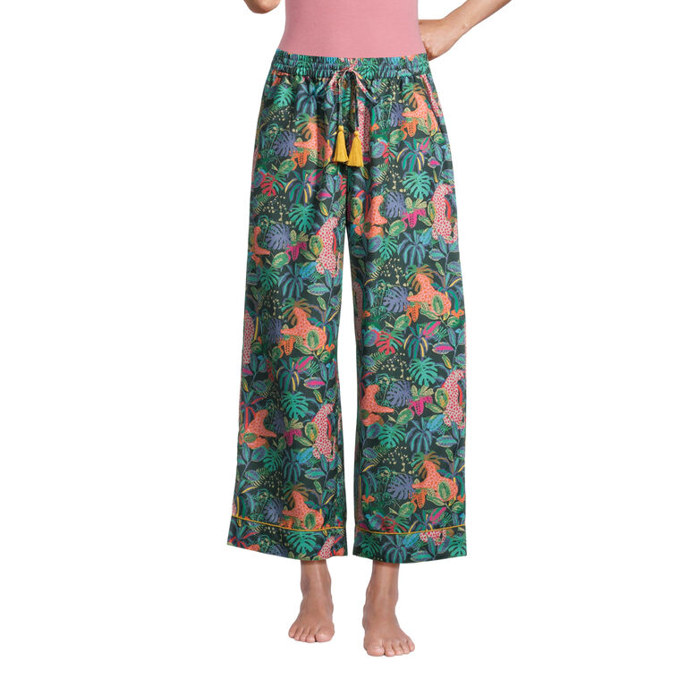 Multicolor Satin Tropical Jungle Leopard Pajama Pants image number 1