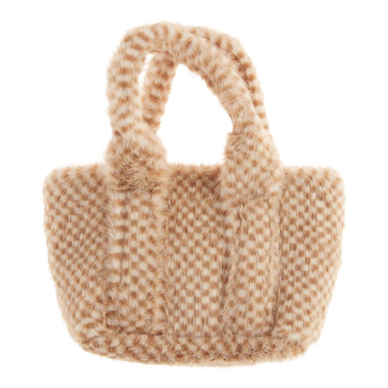 Camel And Ivory Faux Fur Checkered Tote Bag image number 1