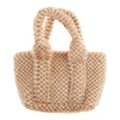 Camel And Ivory Faux Fur Checkered Tote Bag