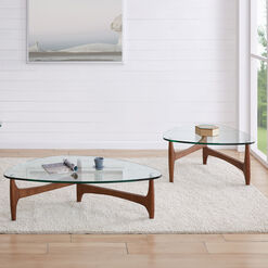 Kayla Triangular Walnut Wood and Glass Top Coffee Table