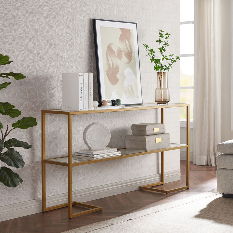 Gold Metal And Glass Top Console Table With Shelf image number 2
